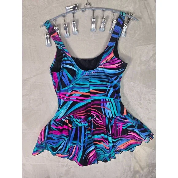 Maxine Hollywood One Piece Swim Dress Size 12 Tropical Neon Palm Skirted - Picture 2 of 4